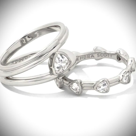 KENDRA SCOTT Arden Rhodium Plated & Cubic Zirconia Set of Two Rings Size  7.5 - Picture 2 of 7